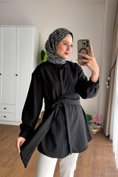 Beli Kuşaklı Gömlek  Siyah