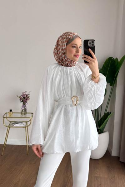 Bubble Kemerli Tunik  Beyaz