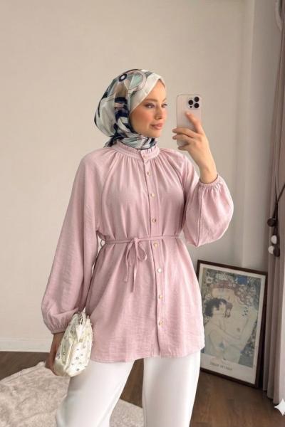Yaka Fırfırlı Tunik Açık Pembe