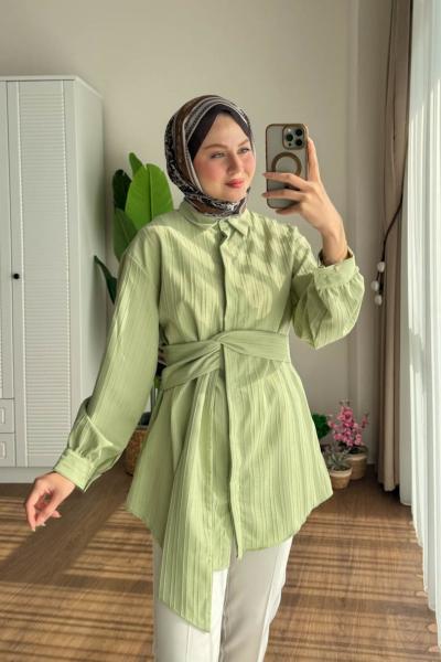 Beli Kuşaklı Gömlek  Çağla Yeşili
