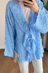 Önü Fırfırlı Püsküllü Kimono Mavi