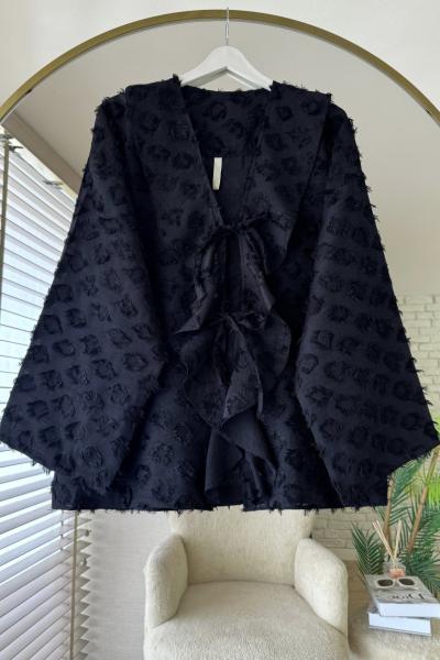 Önü Fırfırlı Püsküllü Kimono Siyah