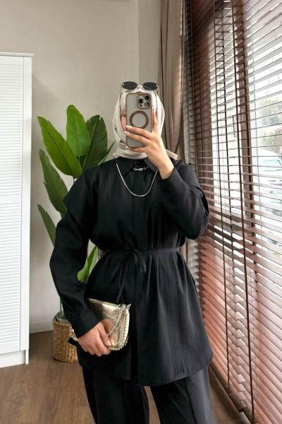 Nervürlü Modal Takım Siyah