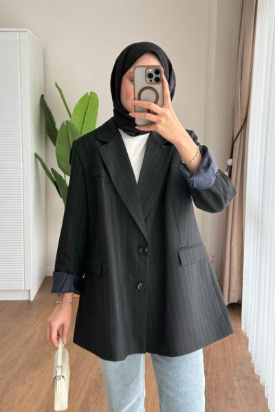 Oversize Çizgili Blazer Ceket Siyah