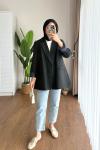 Oversize Çizgili Blazer Ceket Siyah