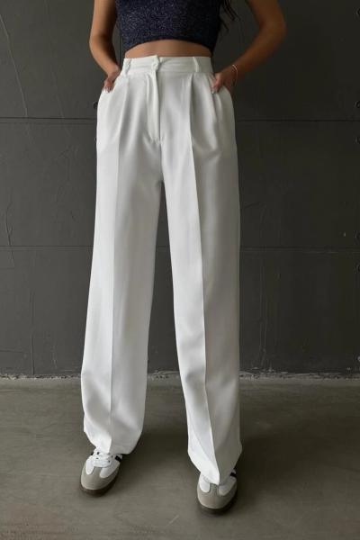 Pileli Palazzo Kumaş Pantolon Beyaz