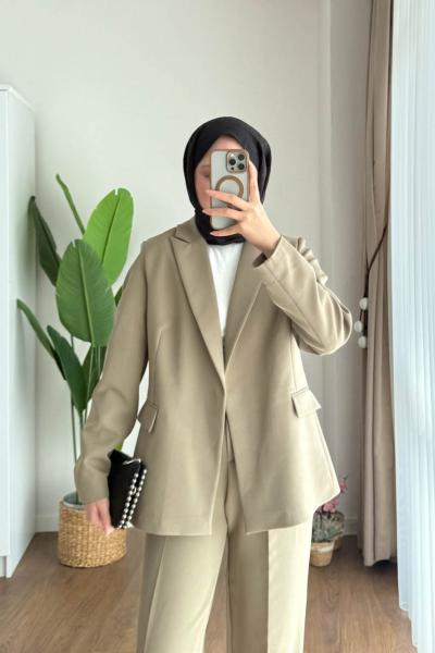 Çizgili Astarlı Double Ceket Küf Yeşili