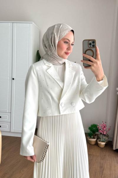 Taşlı Crop Ceket  Ekru