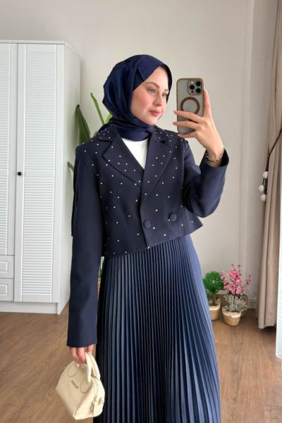 Taşlı Crop Ceket  Lacivert