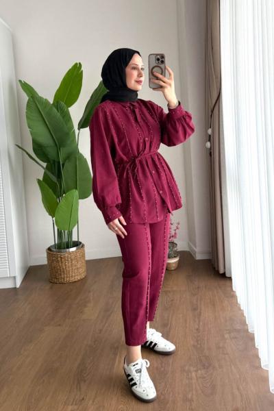 Badem Dikişli Takım  Bordo