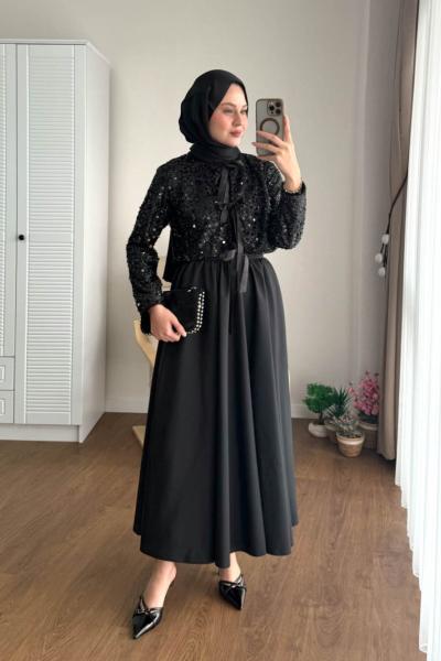Pul Payetli Etekli Takım Siyah