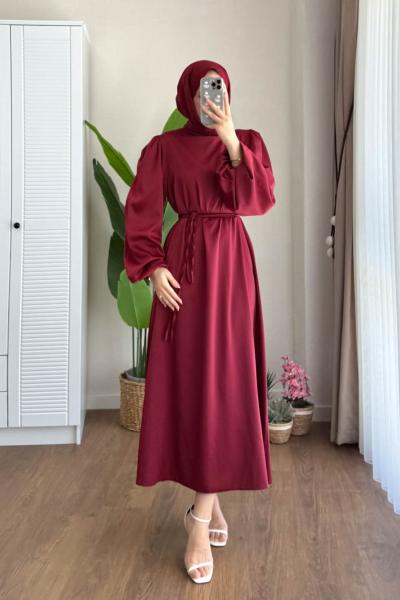 Balon Kol Saten Elbise Bordo