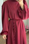 Balon Kol Saten Elbise Bordo