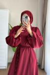 Balon Kol Saten Elbise Bordo