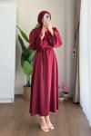 Balon Kol Saten Elbise Bordo