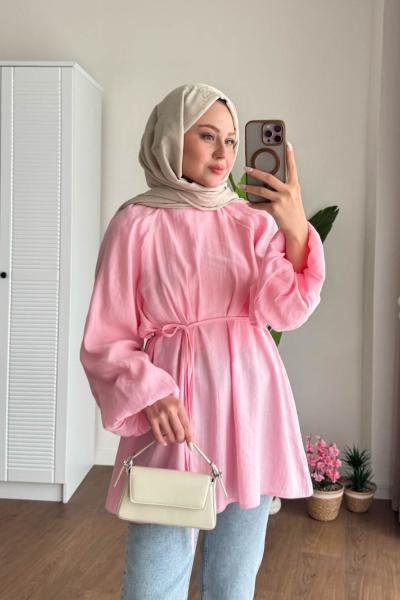 Balon Kol Modal Tunik Pembe