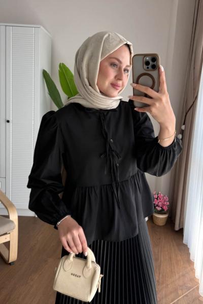 Önü Bağcıklı Kısa Gömlek  Siyah