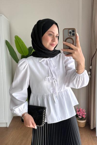 Önü Bağcıklı Kısa Gömlek  Beyaz