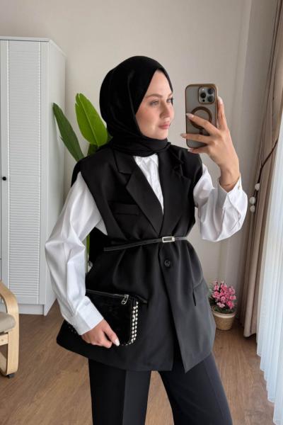 Vatkalı Oversize Yelek Siyah