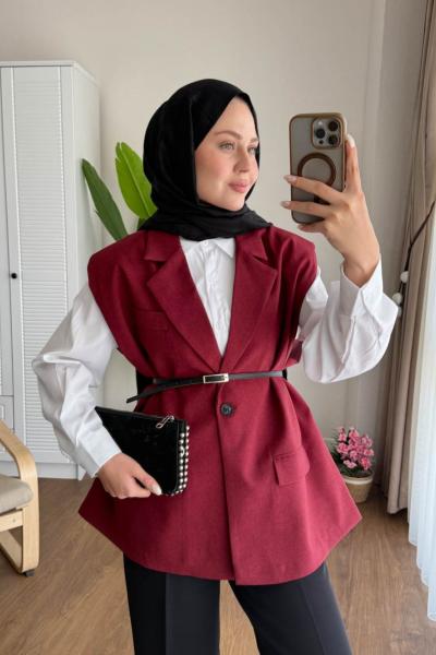 Vatkalı Oversize Yelek Bordo