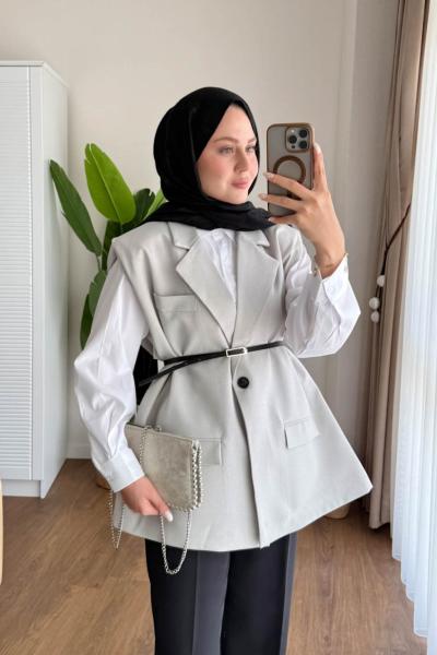 Vatkalı Oversize Yelek Gri