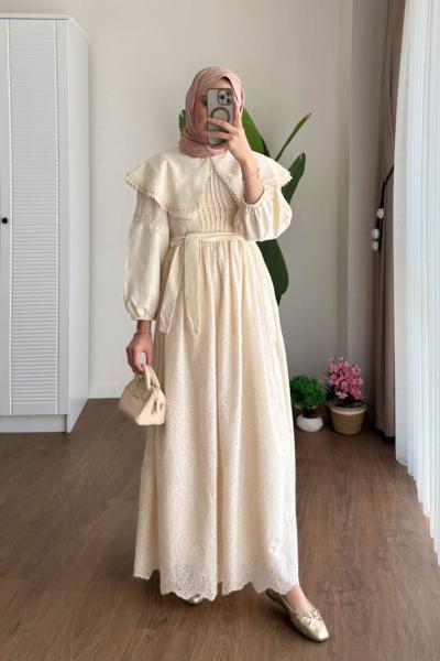 Mila Brode Elbise Ekru