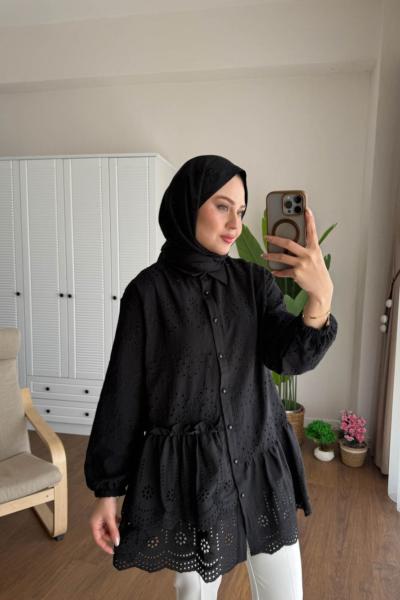 Volanlı Brode Tunik Siyah