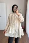 Volanlı Brode Tunik Ekru