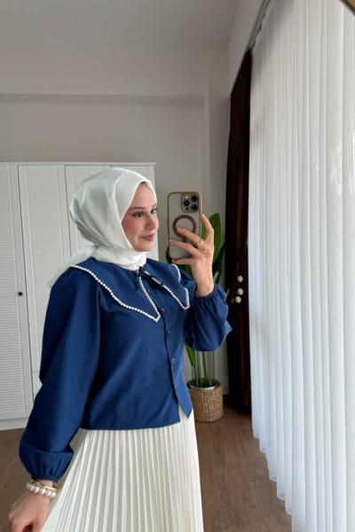 İnci Yakalı Kısa Gömlek Lacivert