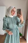 Kuboshe Çizgili Gofre Elbise Yeşil