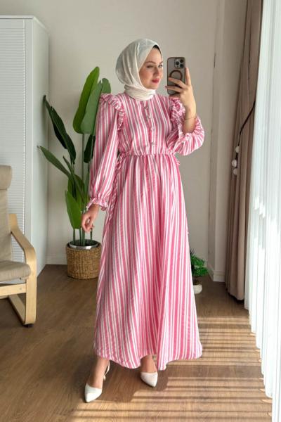 Kuboshe Çizgili Gofre Elbise Pembe