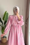 Kuboshe Çizgili Gofre Elbise Pembe