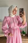 Kuboshe Çizgili Gofre Elbise Pembe