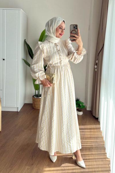 Kuboshe Çizgili Gofre Elbise Bej