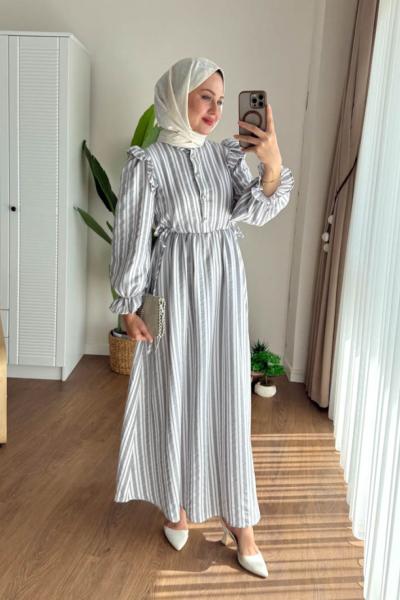 Kuboshe Çizgili Gofre Elbise Gri