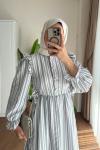 Kuboshe Çizgili Gofre Elbise Gri