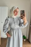 Kuboshe Çizgili Gofre Elbise Gri