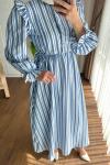 Kuboshe Çizgili Gofre Elbise Mavi