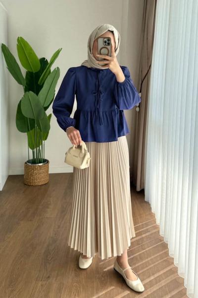 Önü Bağcıklı Kısa Gömlek  Lacivert