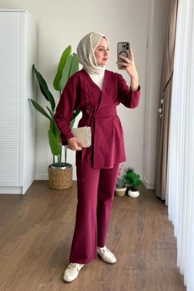 Pensli Keten Takım Bordo