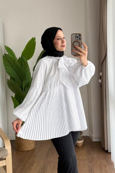 Piliseli Salaş Tunik Beyaz