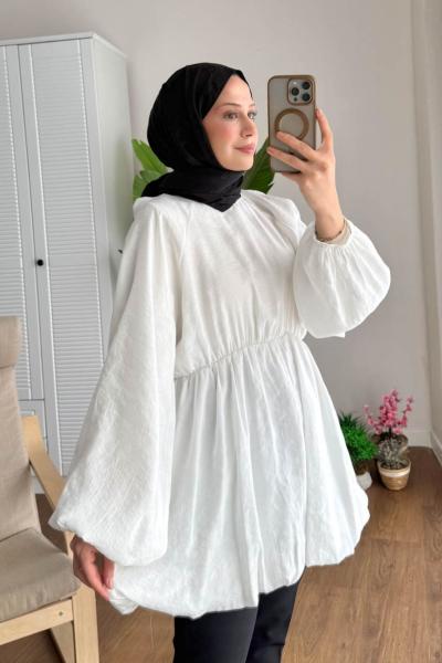 Balon Etekli Beli Lastikli Tunik Ekru