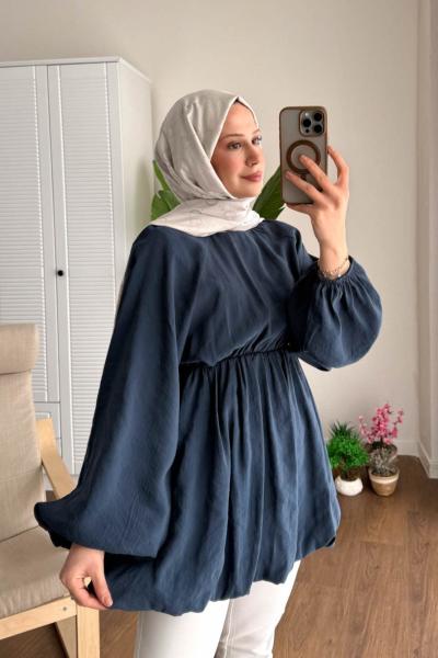 Balon Etekli Beli Lastikli Tunik Lacivert