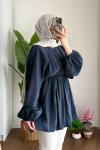 Balon Etekli Beli Lastikli Tunik Lacivert