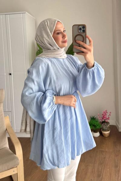 Balon Etekli Beli Lastikli Tunik Bebe Mavisi