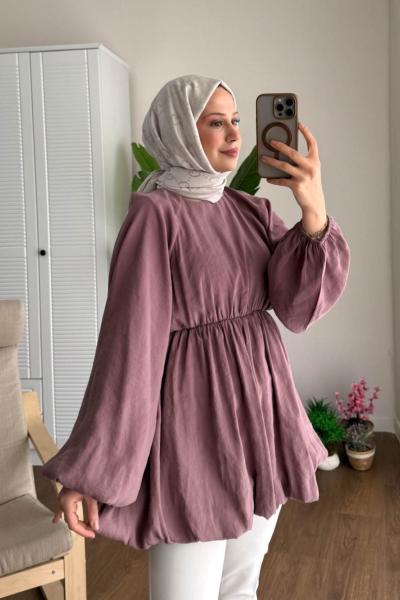 Balon Etekli Beli Lastikli Tunik Gül Kurusu