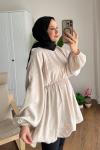 Balon Etekli Beli Lastikli Tunik Bej