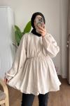 Balon Etekli Beli Lastikli Tunik Bej