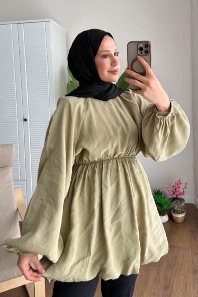 Balon Etekli Beli Lastikli Tunik Küf Yeşili