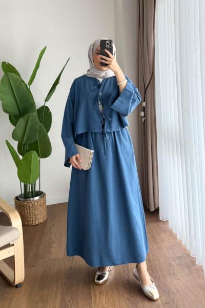 Bağcıklı Keten Takım İndigo Mavi